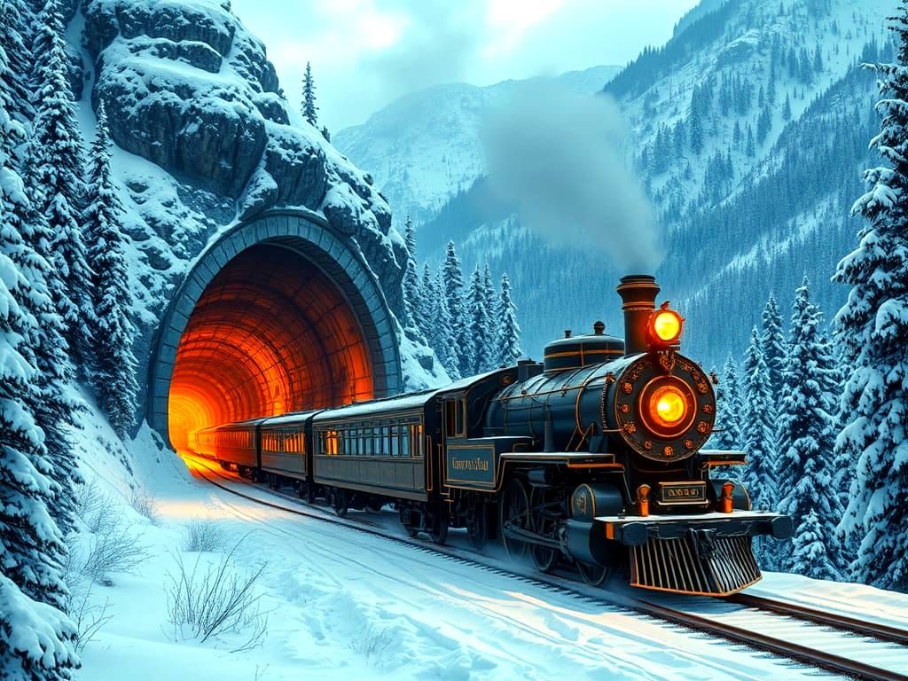 Ornate Train Emerging from Snowy Mountain Tunnel at Dusk