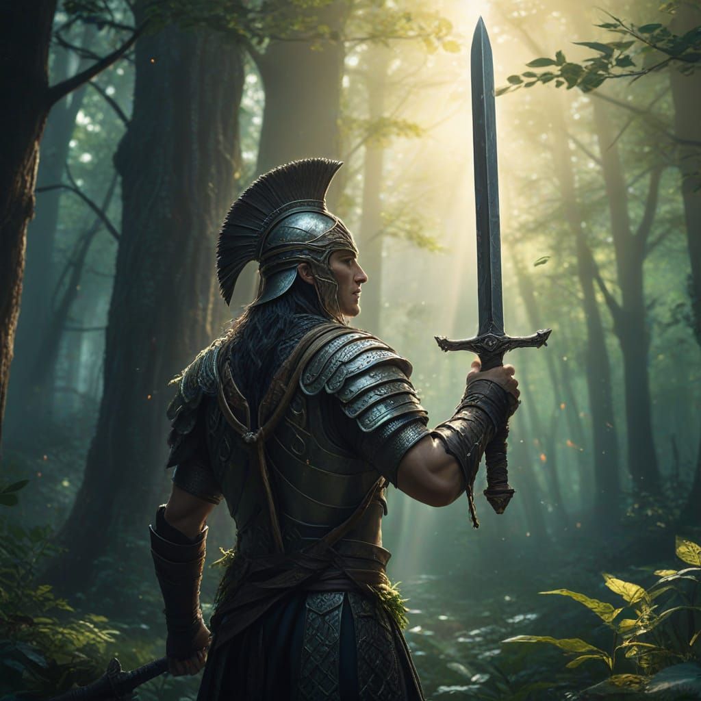 Ethereal Warrior Bearer of a Sacred Sword in a Vibrant Fanta...