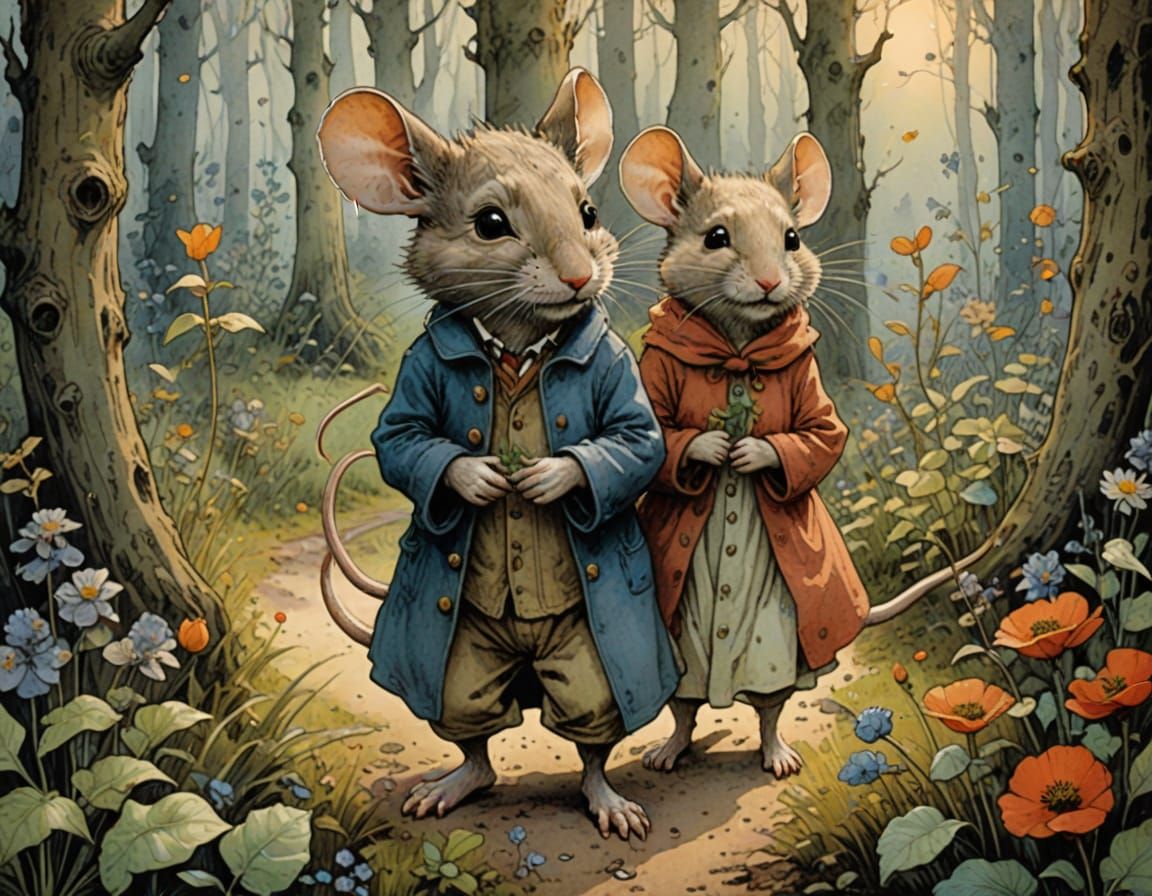 Whimsical Watercolor Illustration of Mouse Couple in Lush Fo...