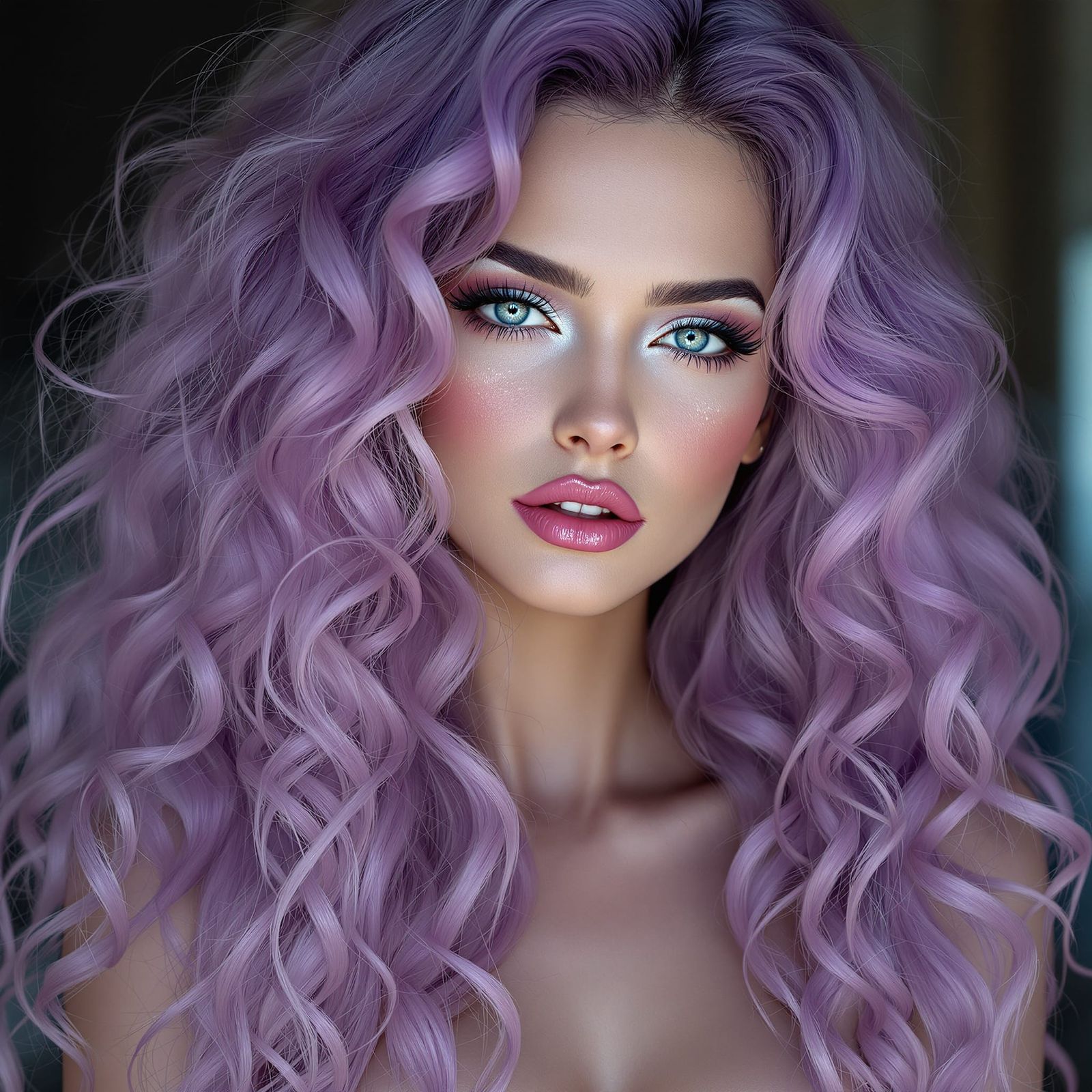 Lavender Haired Pin-Up Woman in Hyperrealistic Style