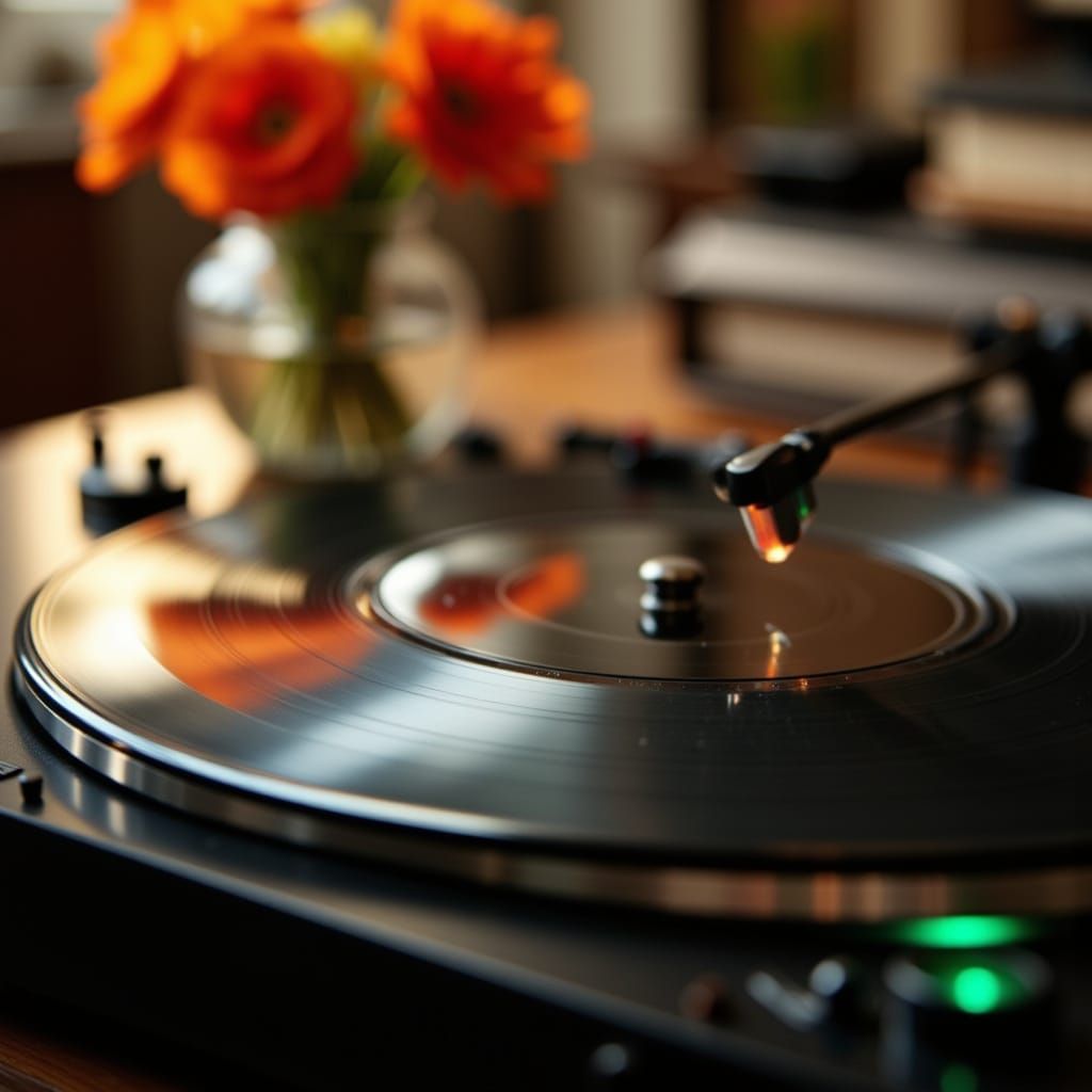 Close-Up of Vinyl Record Spinning on Retro Turntable