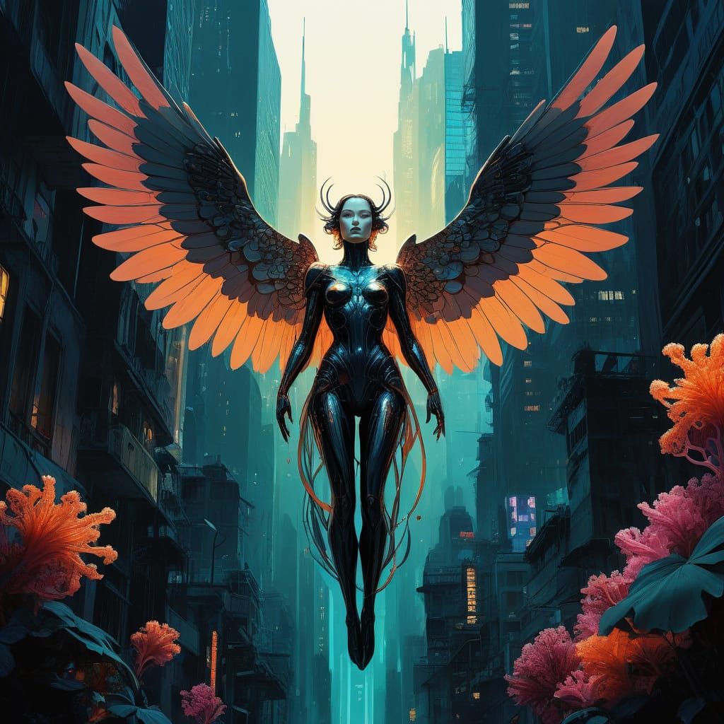 Bioluminescent Cyberpunk Angel Over Submerged City