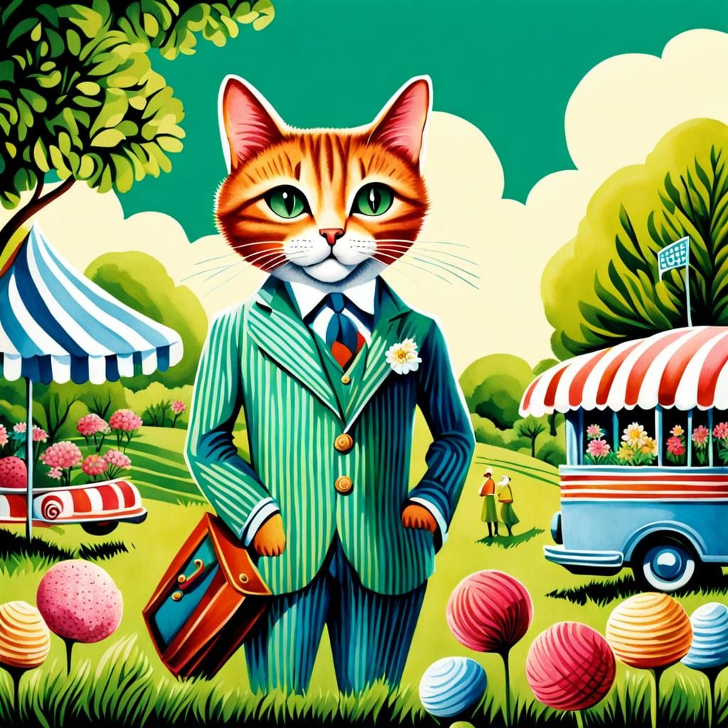 Whimsical 1950s Cat in Seersucker Suit Enjoys Summer Day