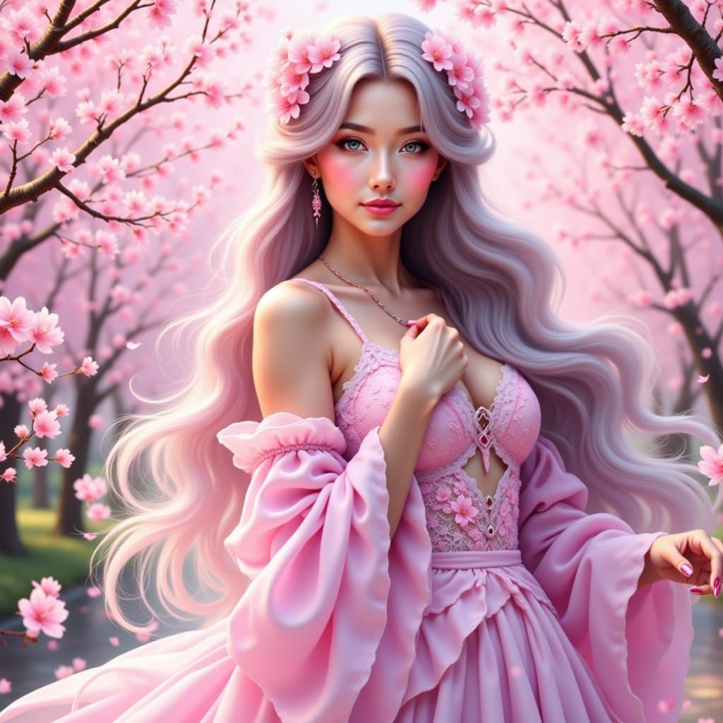 Ethereal Anime Goddess in Cherry Blossom Garden