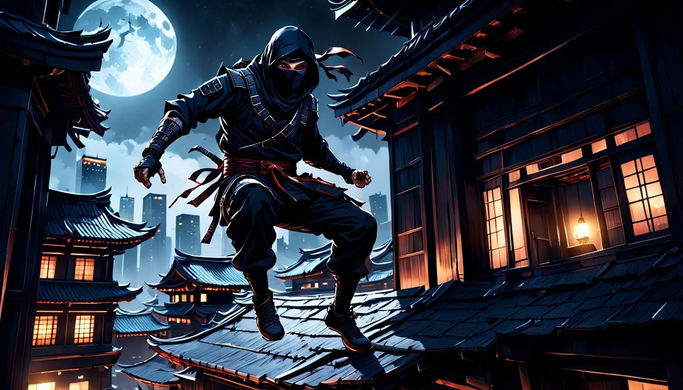 Ninja Leaping Across Cityscape in Dark Fantasy Style