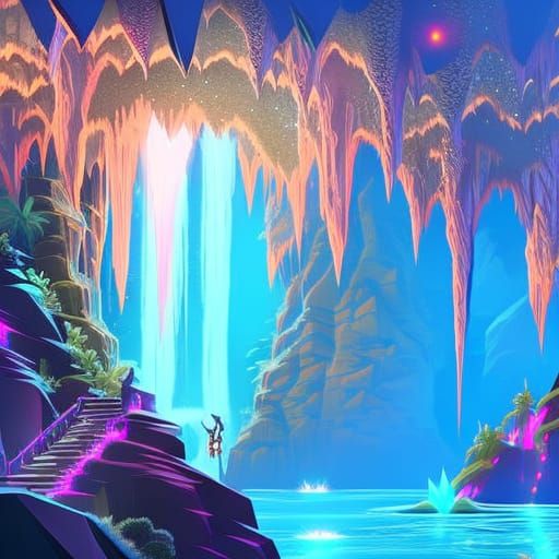 Lush Cave Game Level with Tiki Torches