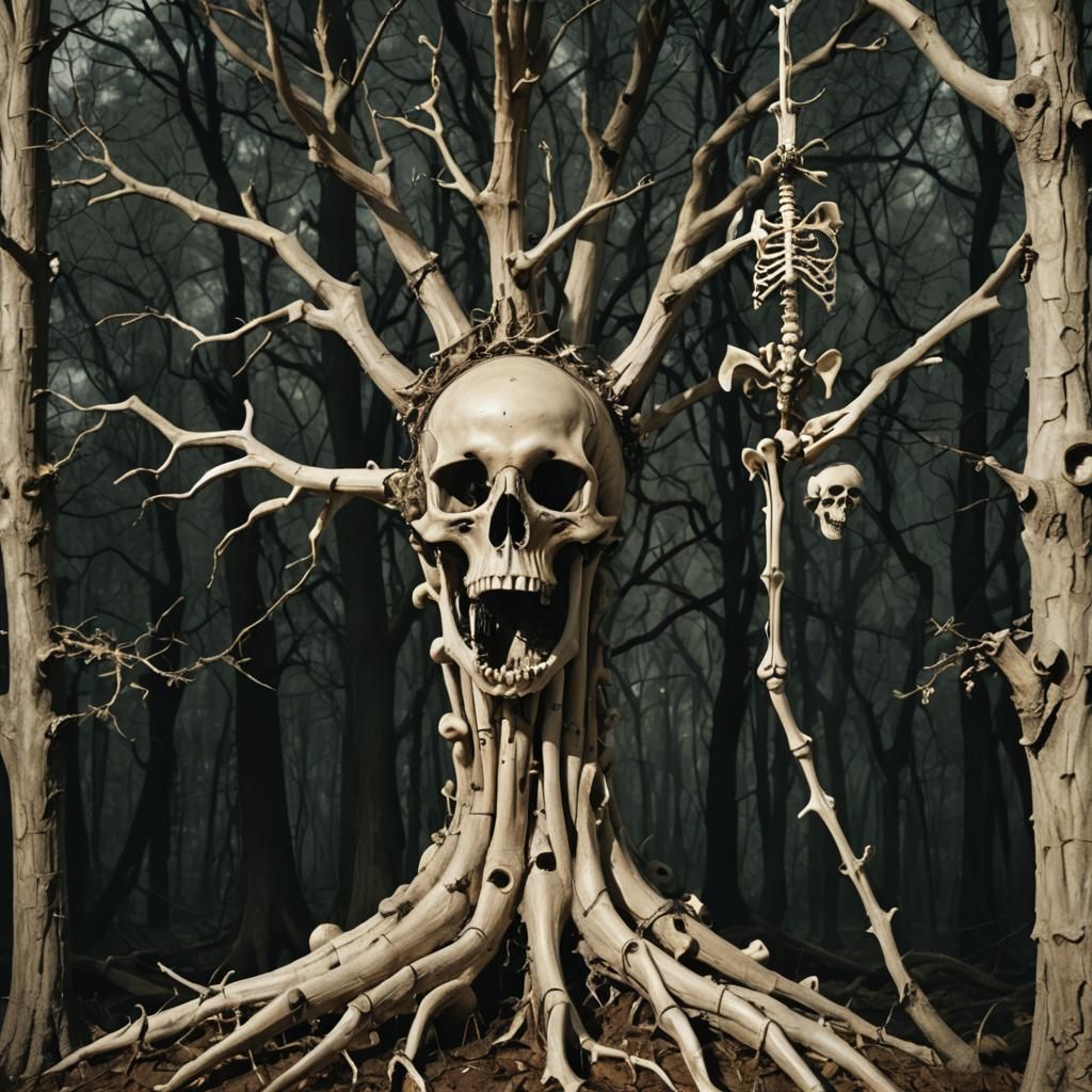 Surreal Bone Tree in Dark Fantasy Forest