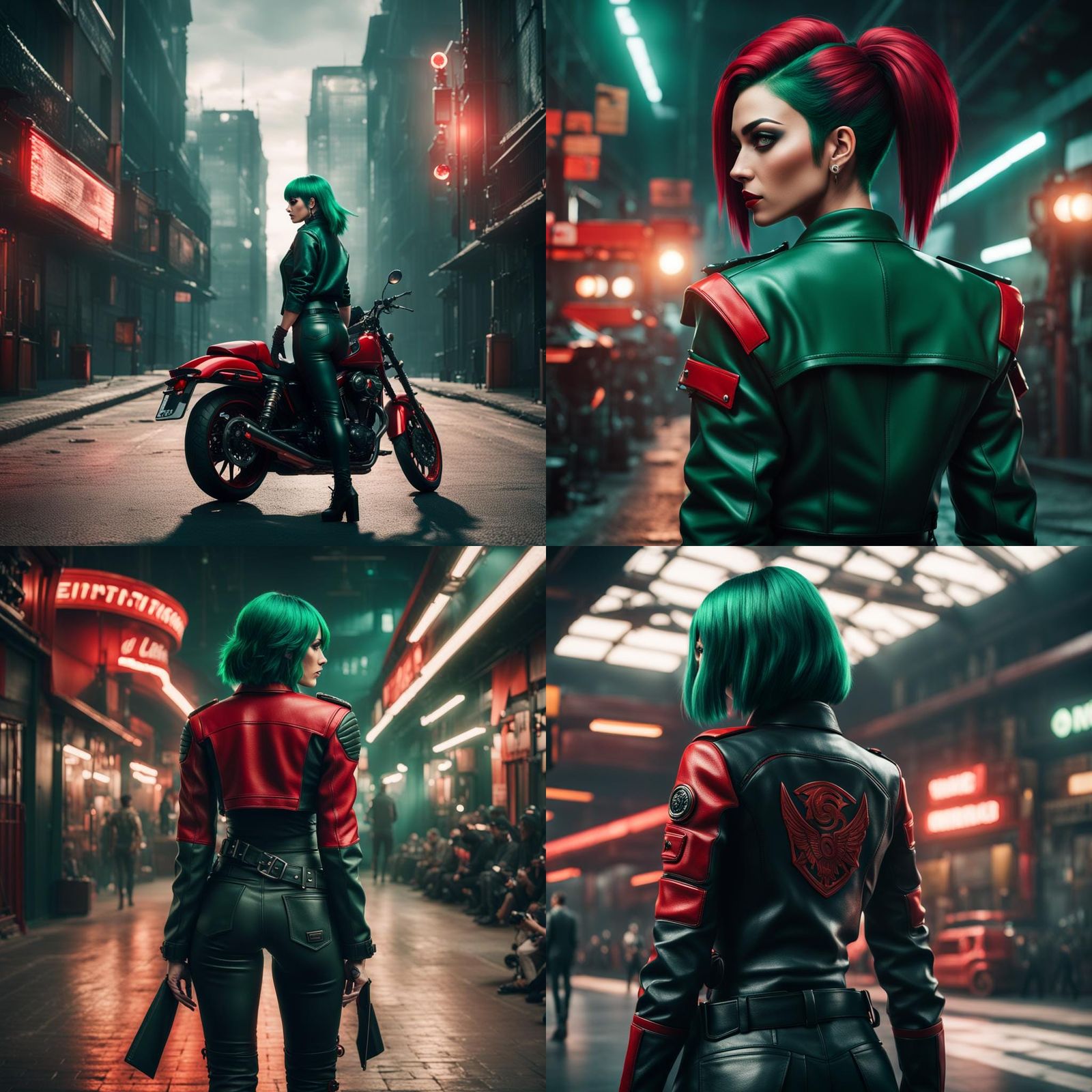 beautiful young lady with dark green hair and red biker themed clothes