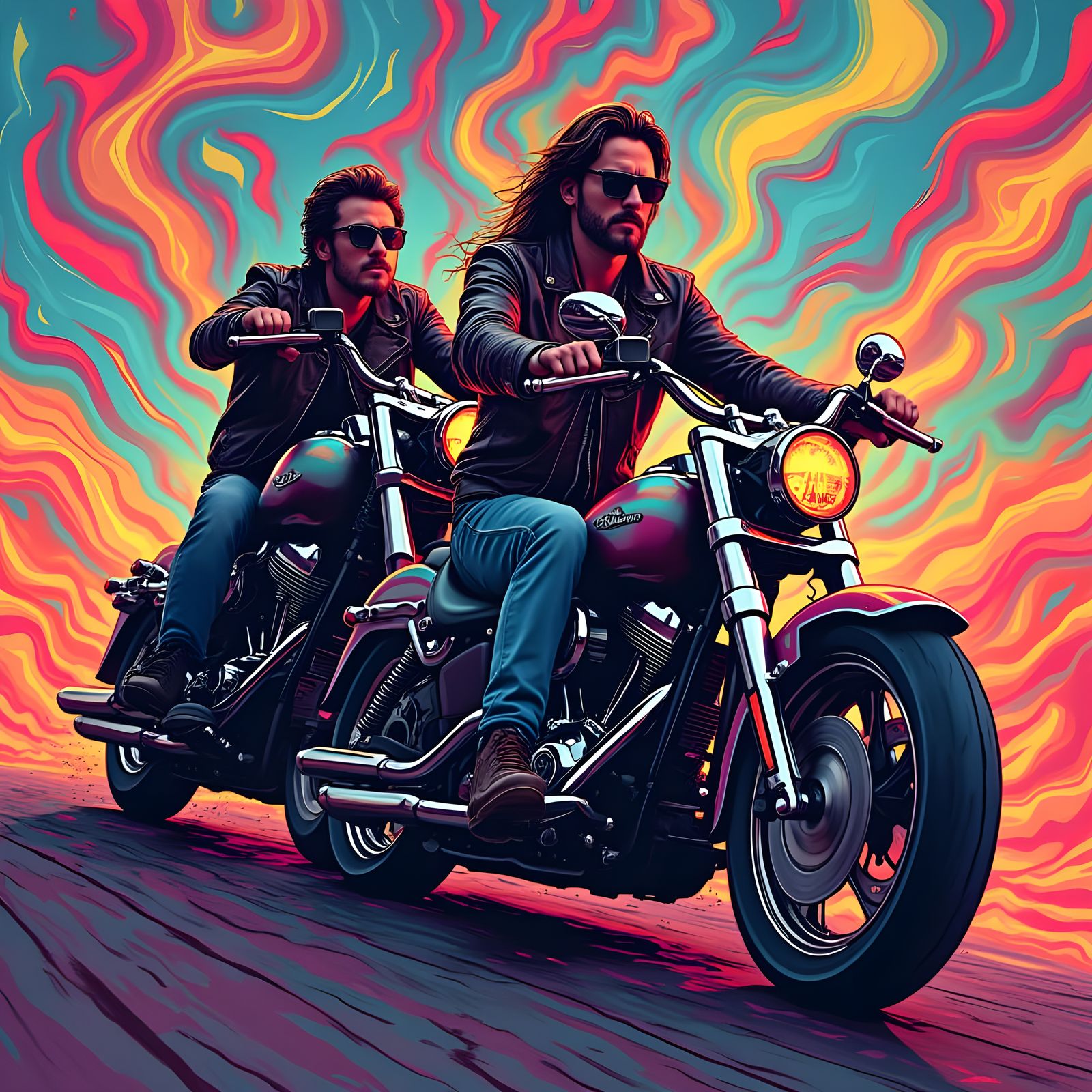 Psychedelic Bikers Ride Harleys in Neon Noir