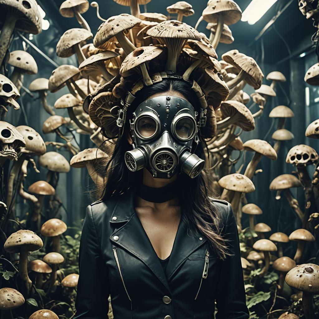 futurist mushrooms conciencia chamánica mexicana dark escene, elegant robotic antigas mask with Amazing cyber technology...