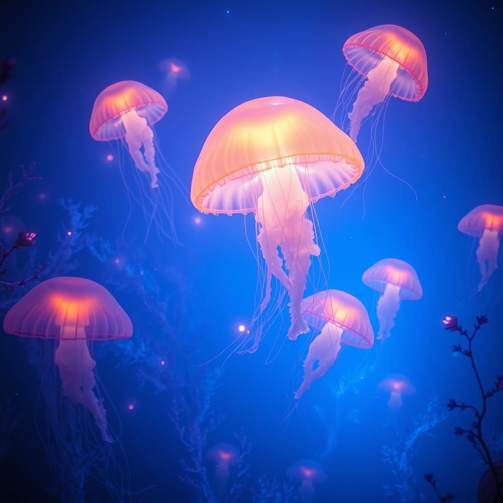 Ethereal Glowing Jellyfish in Bioluminescent Ocean
