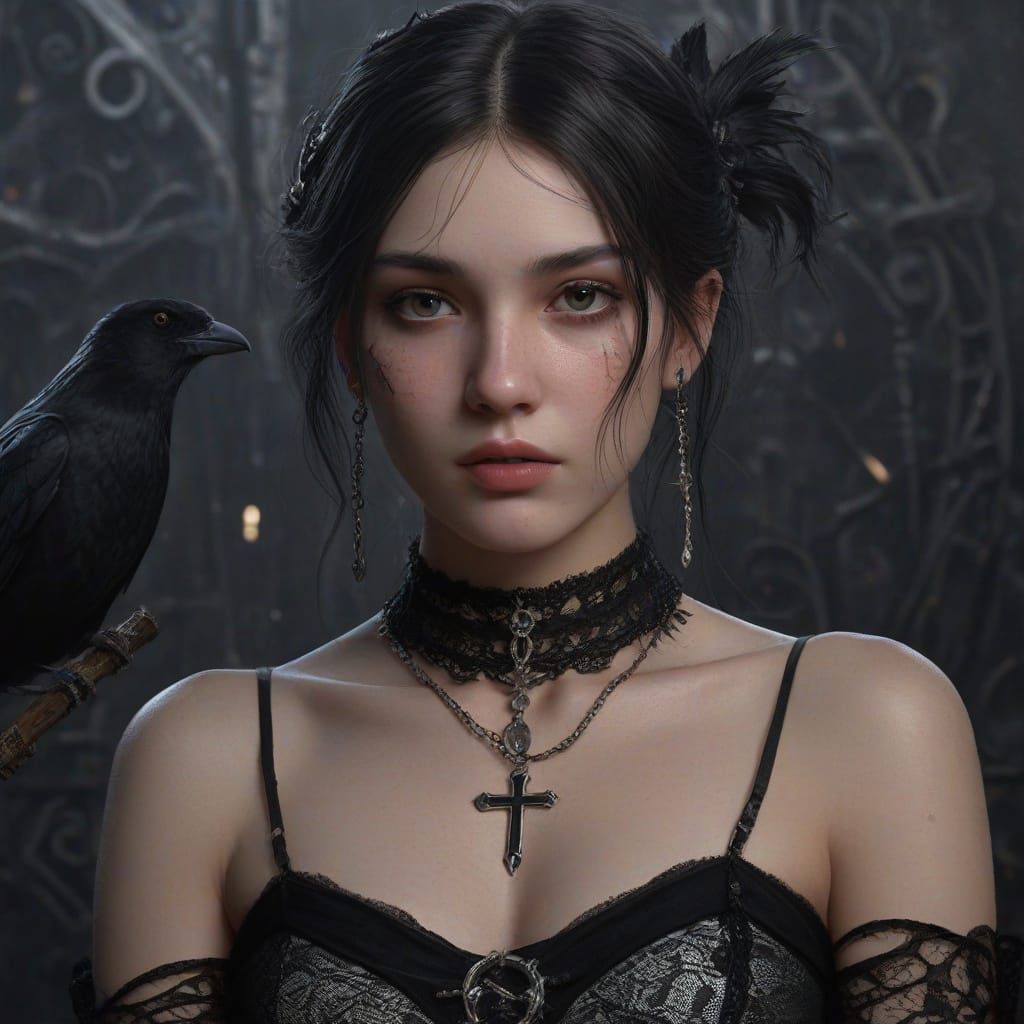 Mysterious Gothic Teenage Woman Portrait in Dark Mystical St...