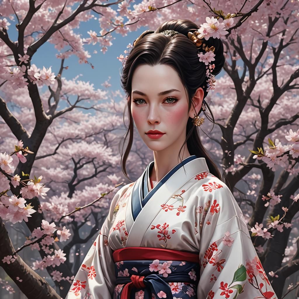 Elf Queen in Kimono: Anime-Inspired Cherry Blossom Art