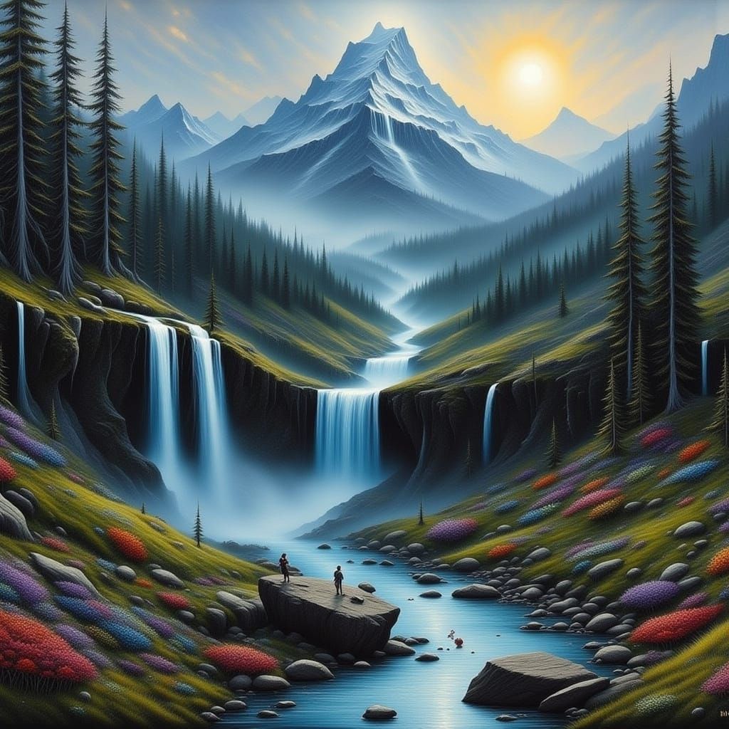 Surreal Mountain Waterfall in Dreamlike Style