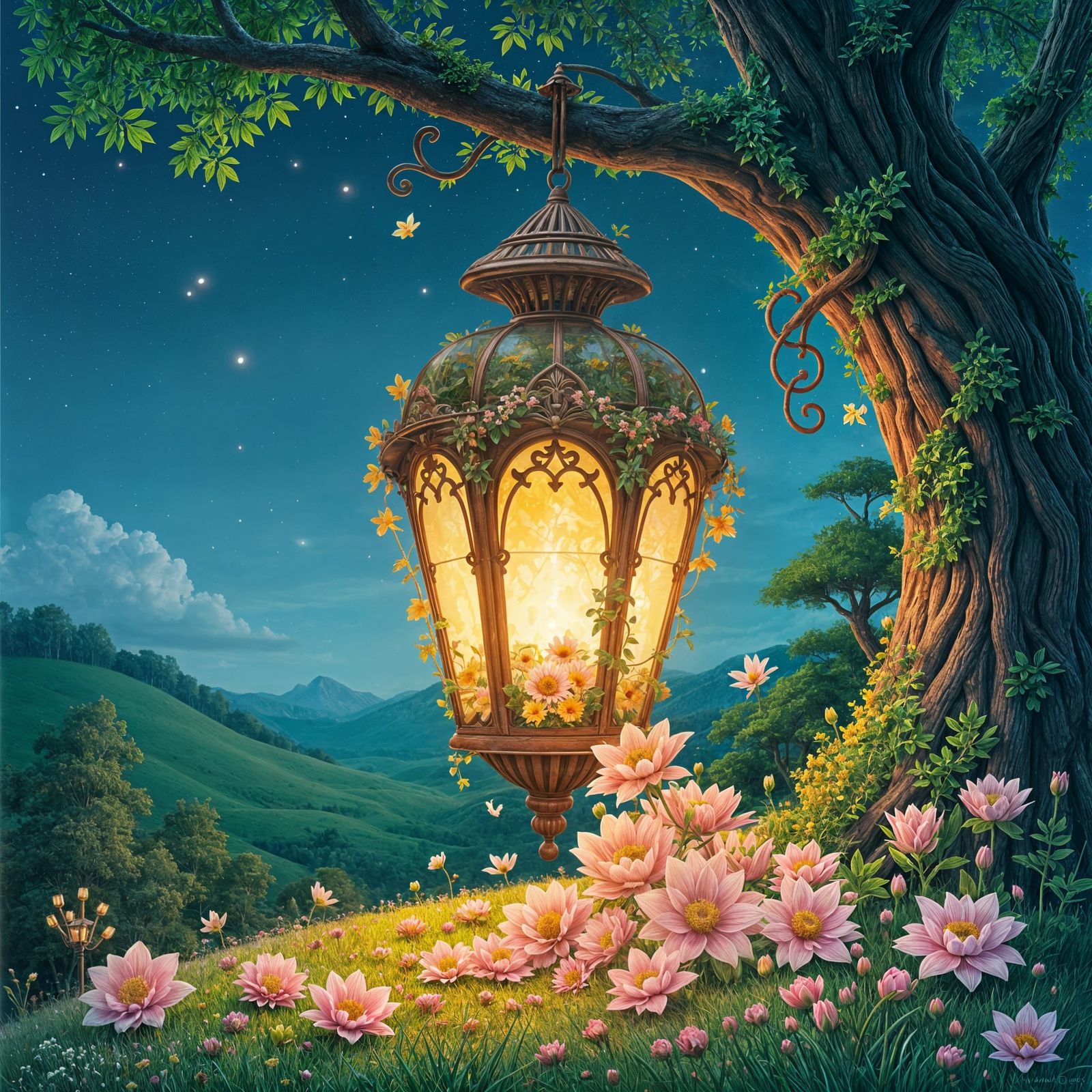Floral Lantern in Dreamy Fantasy Landscape