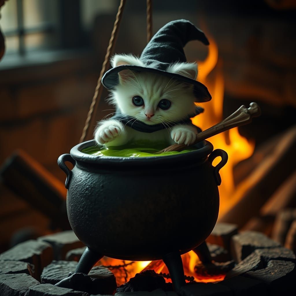 Enchanting Witch-Cat Stirring Potion, Rackham Illustration