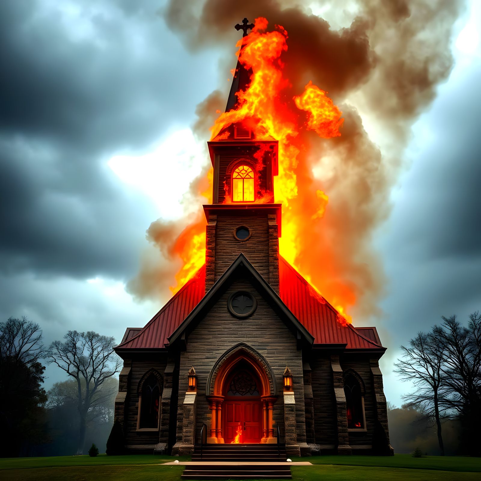 A Blaze Engulfs a Majestic Timber Cathedral in a Turbulent S...