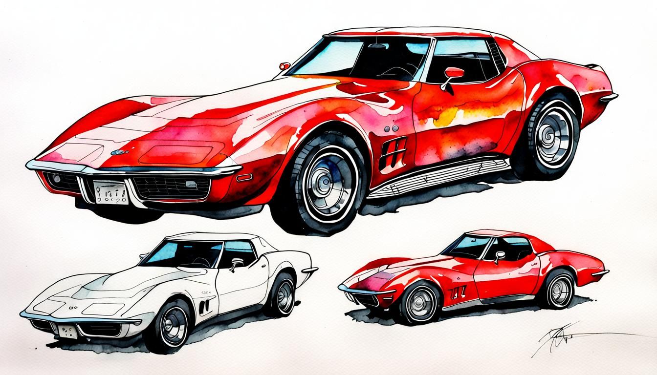 1970s Red Corvette in Watercolor and Ink