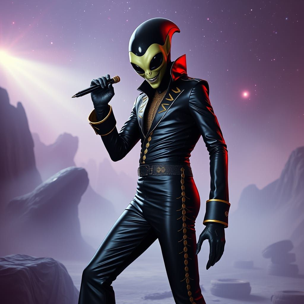 Alien Elvis in Futuristic Galaxy Landscape