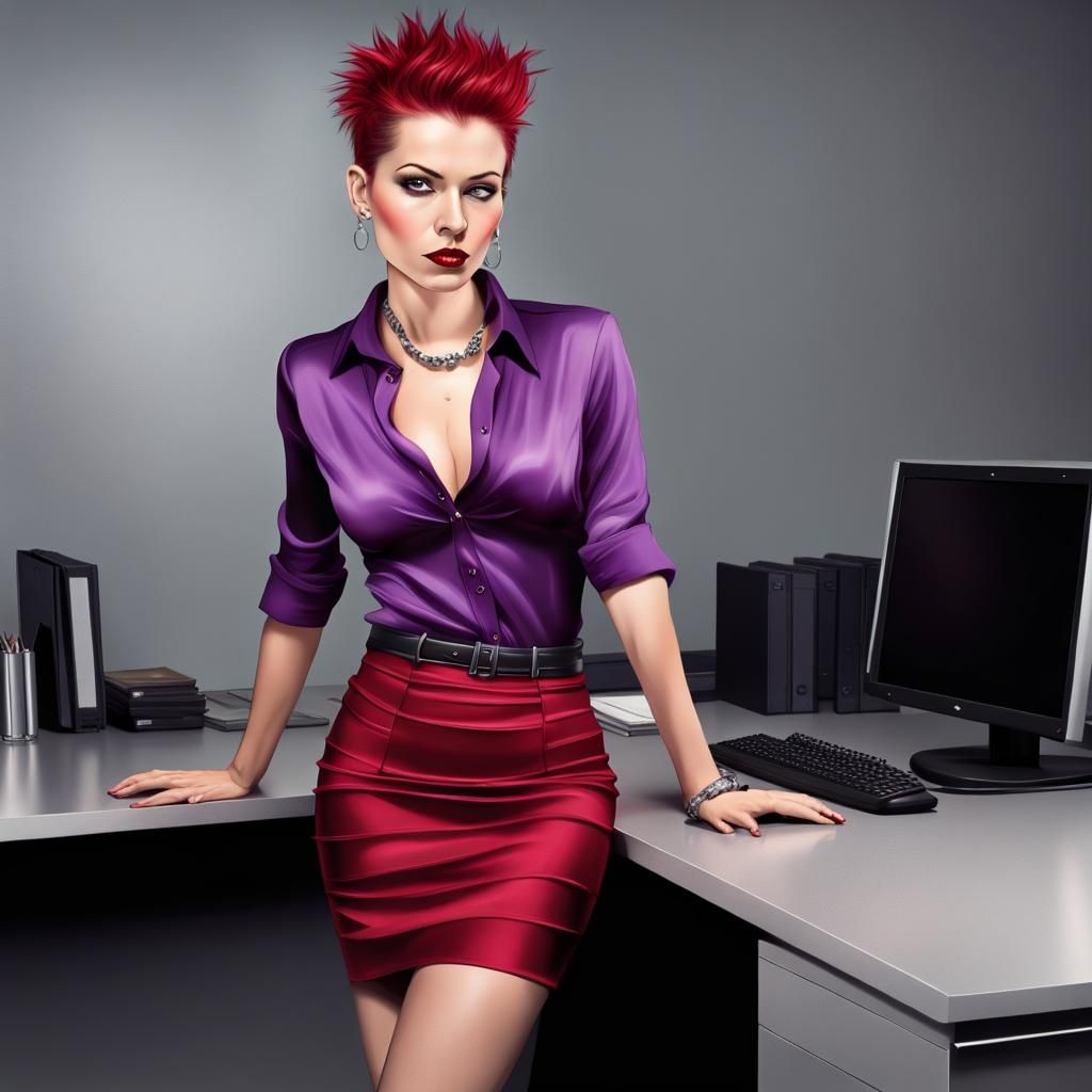 Punk Coworker in Red Silk Top and Purple Skirt