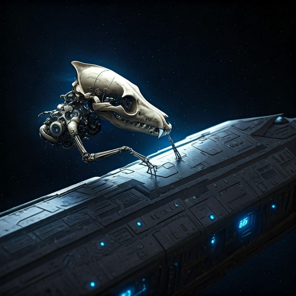 Mechanical Wolf Skull Repairs Spaceship in Space
