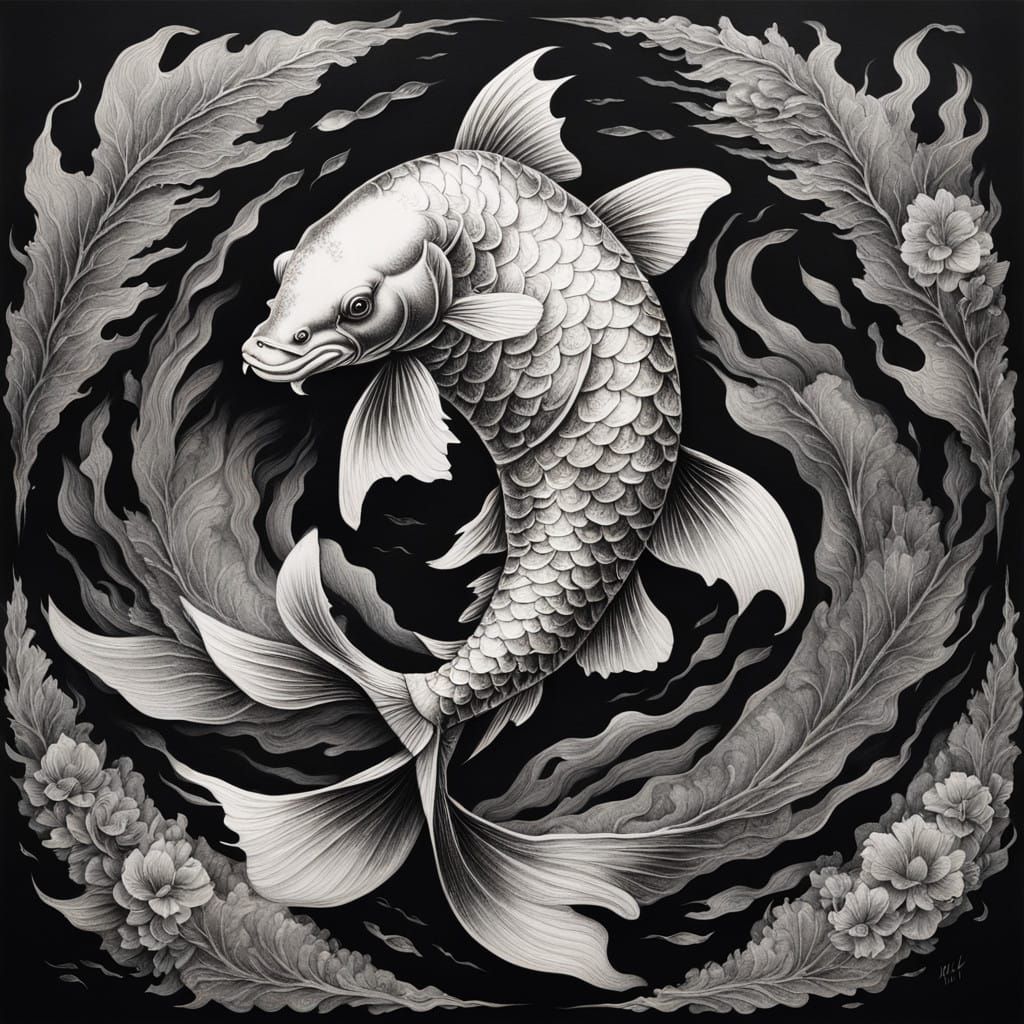 Intricate Koi Fish Form Peace Sign in Charcoal Drawing