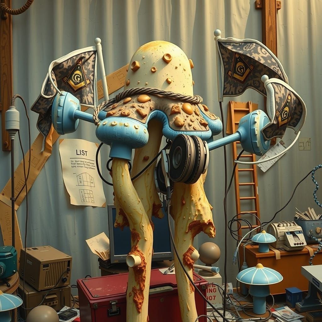 Ethereal Mushroom Emerges from Office Chaos in Cyberpunk Sty...