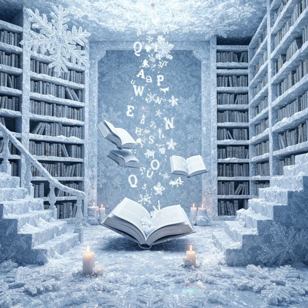 Enchanted Snowflake Library with Magical Books