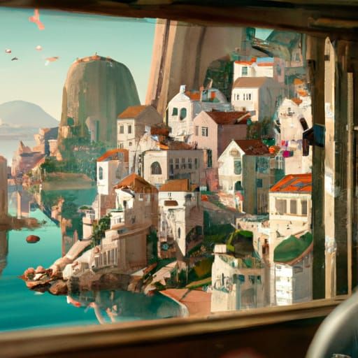 Mediterranean Fishing Village View from Train Window