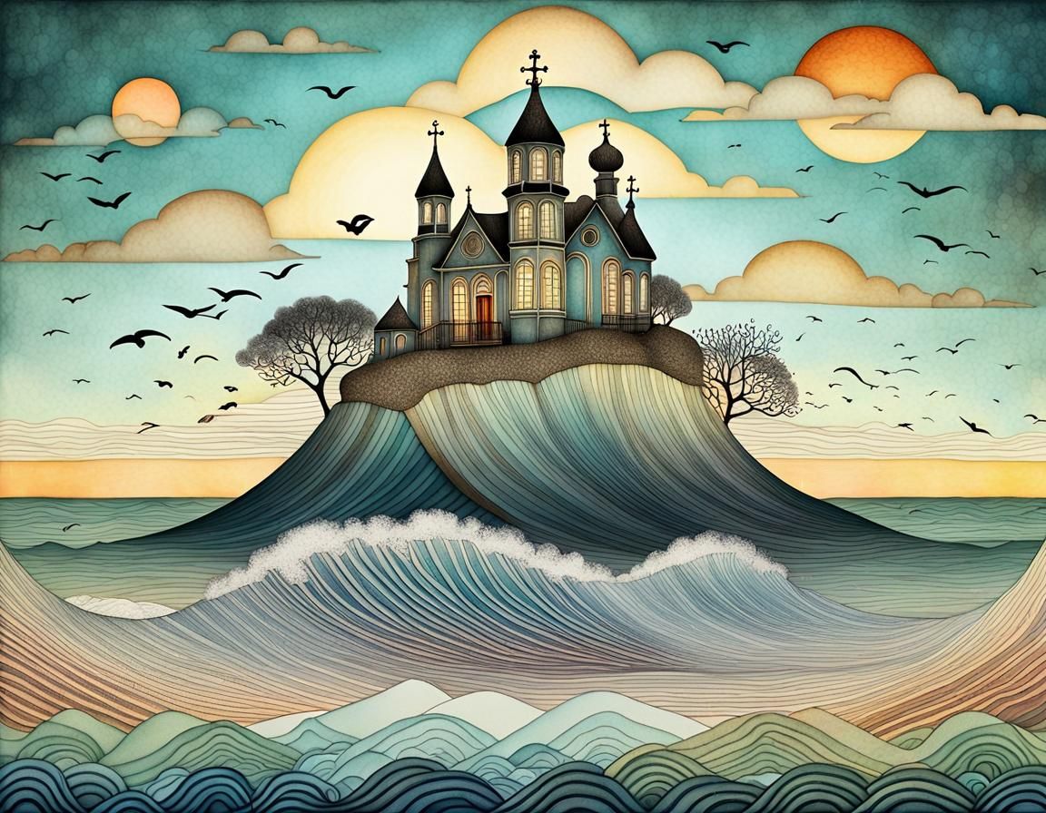 Sunrise Over Ocean in Pop Surrealism Style