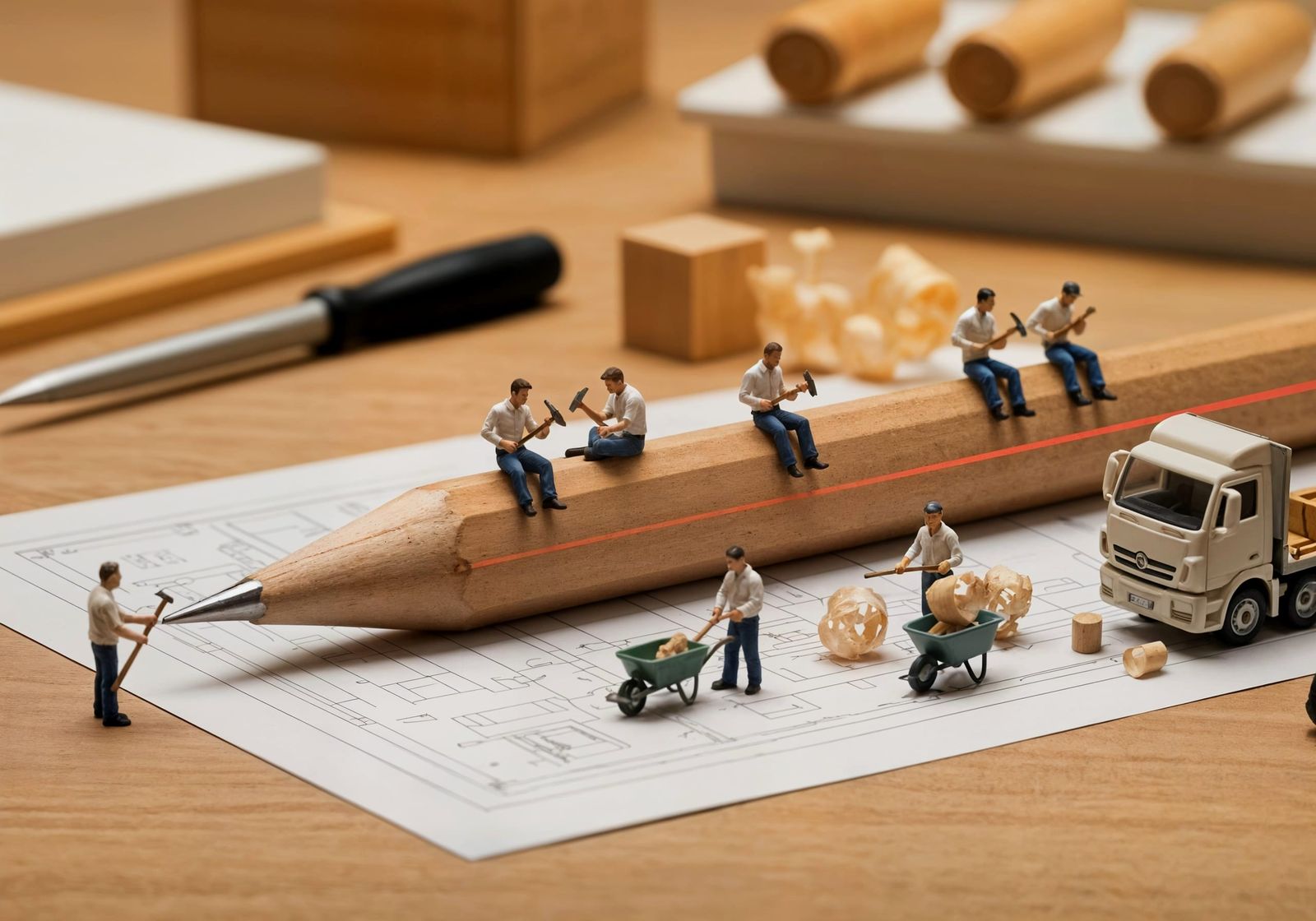 Miniature Carpenters Sculpt Pencil Tip on Architect's Desk