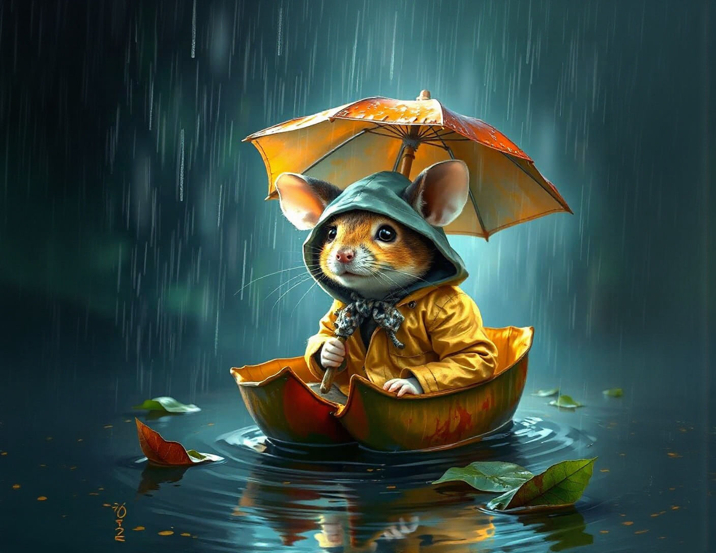 Mouse in Raincoat Navigating Stream, Children's Art