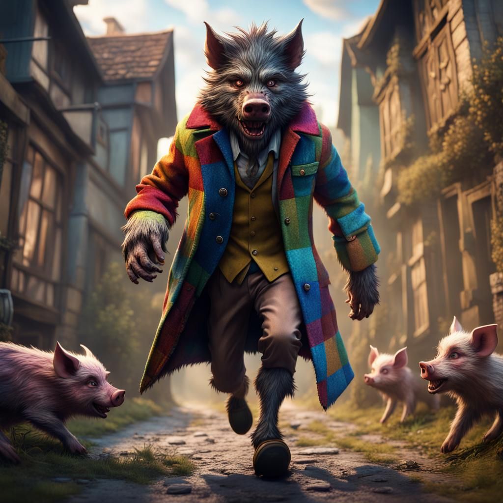 Werewolf in Patchwork Coat Chasing Little Pigs
