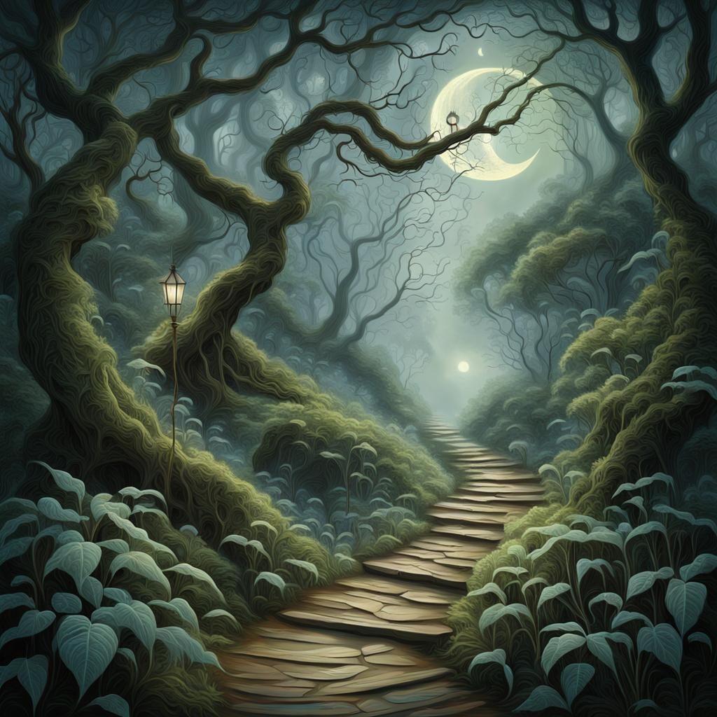 Mystical Moonlit Forest Path in Romantic Style