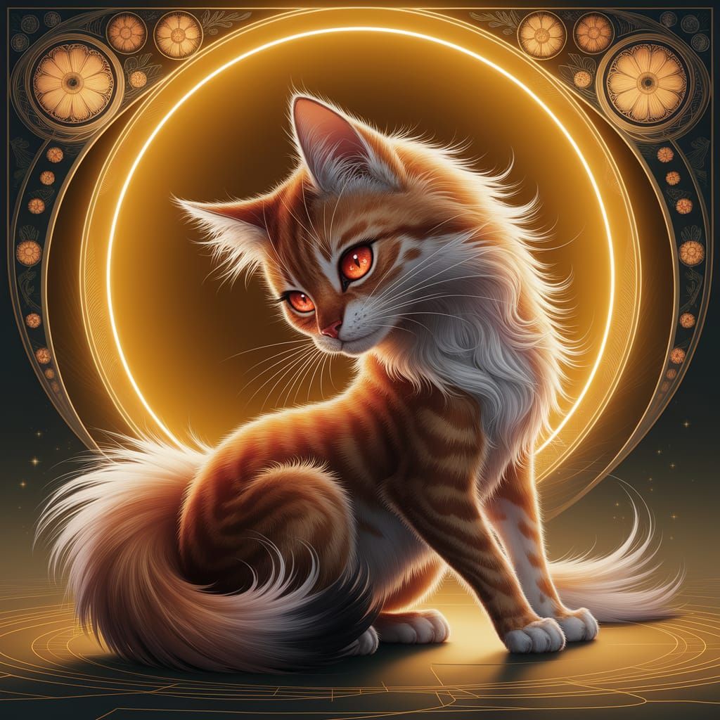 Nekomata with Burning Red Eyes on Neon Yellow Background