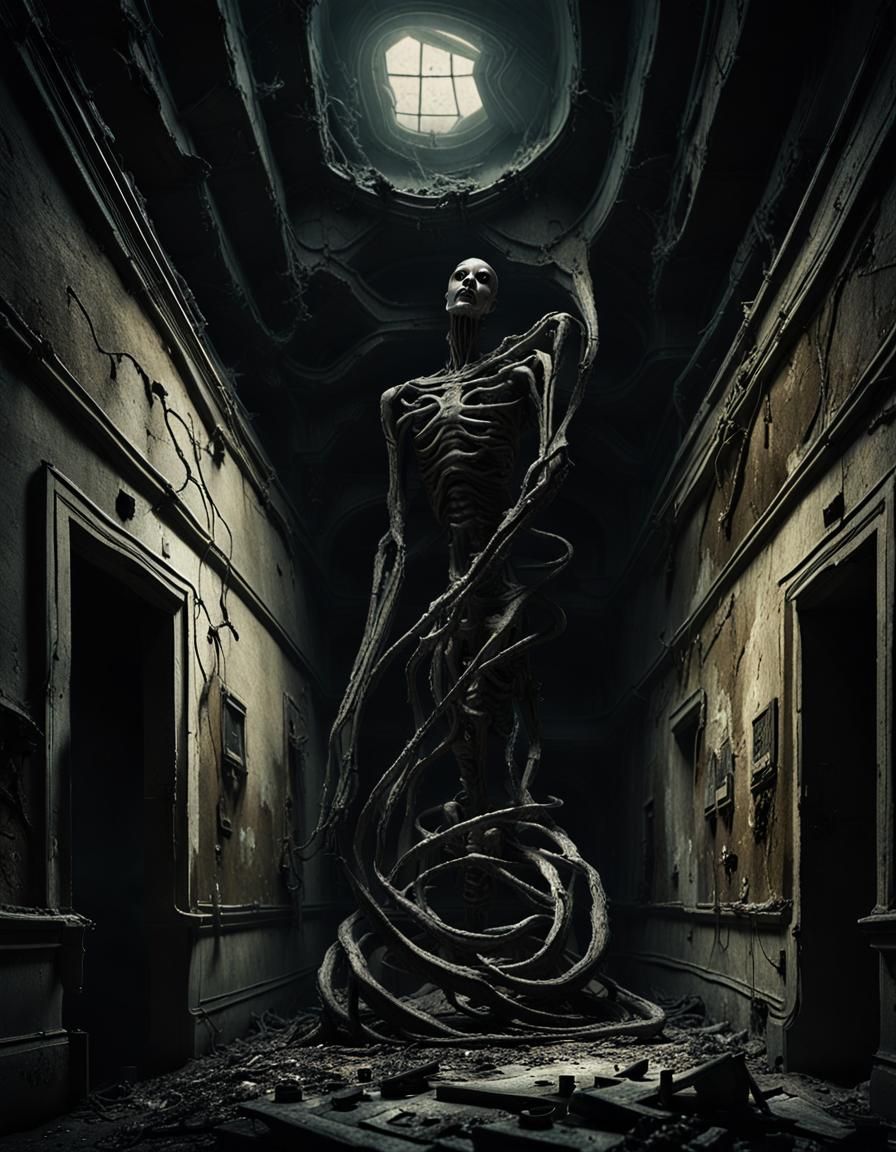 Dark Surrealism: Twisted Figure in Abandoned Asylum