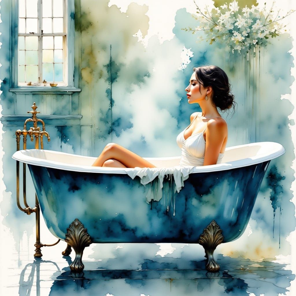 Woman in Blue Watercolor Bathtub, Dreamy Fluid Style