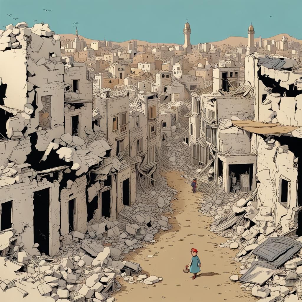 Bombed Syrian City in Tintin Book Style