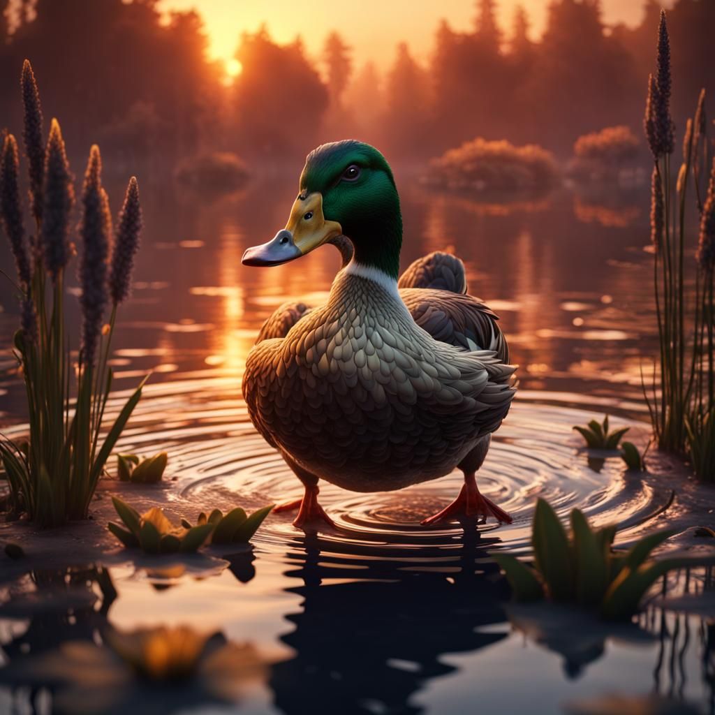 Duck in Pond Sunset: Detailed Fantasy Concept Art