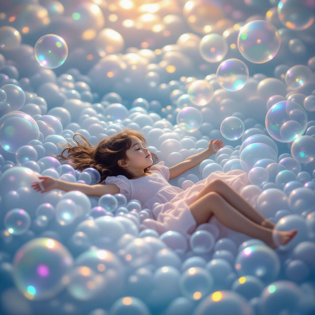Girl Floating in Iridescent Bubbles with Pastel Lighting