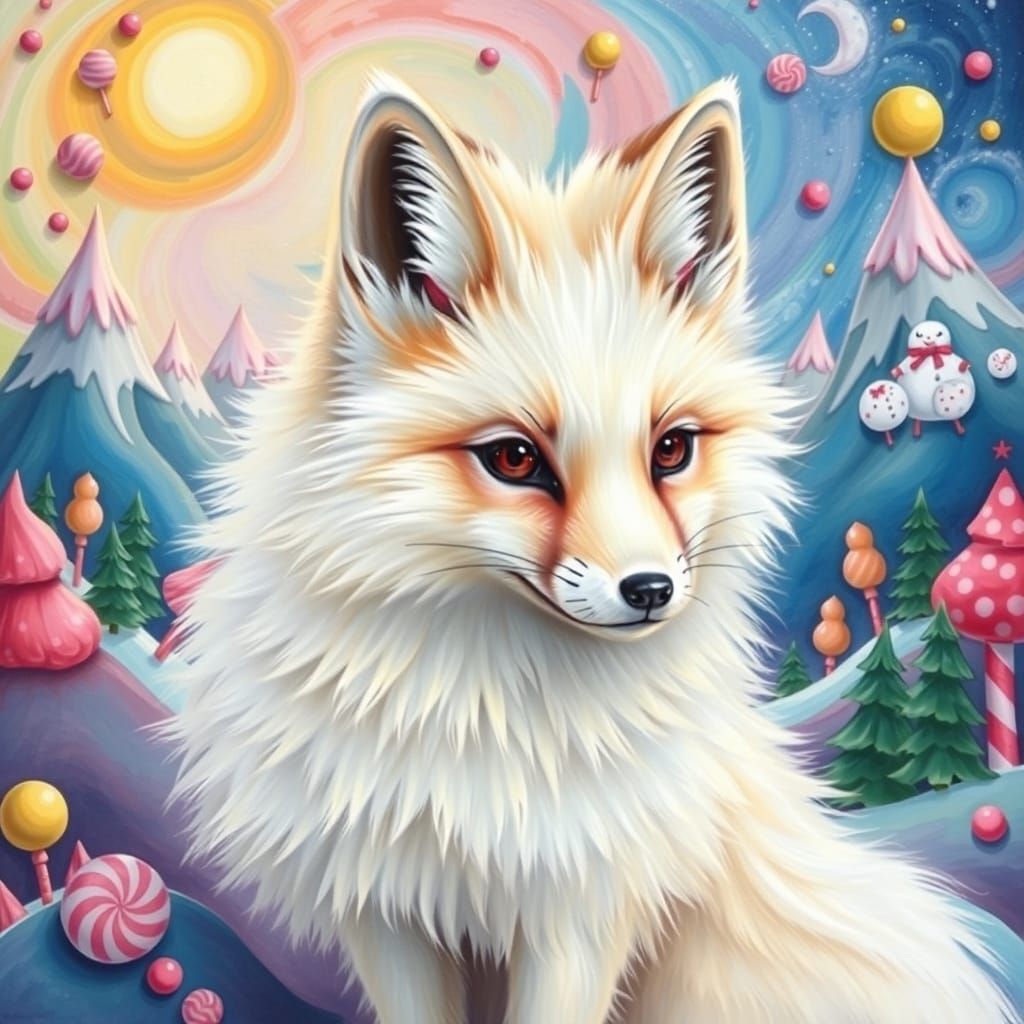 Vibrant Arctic Fox in Whimsical Gouache Wonderland
