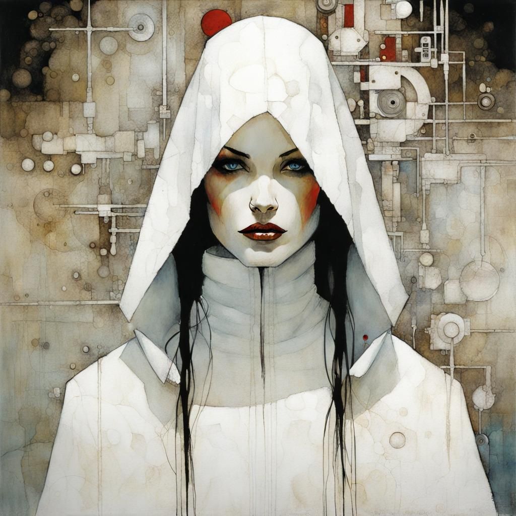 Monochromatic Woman in White, Dark Art Style