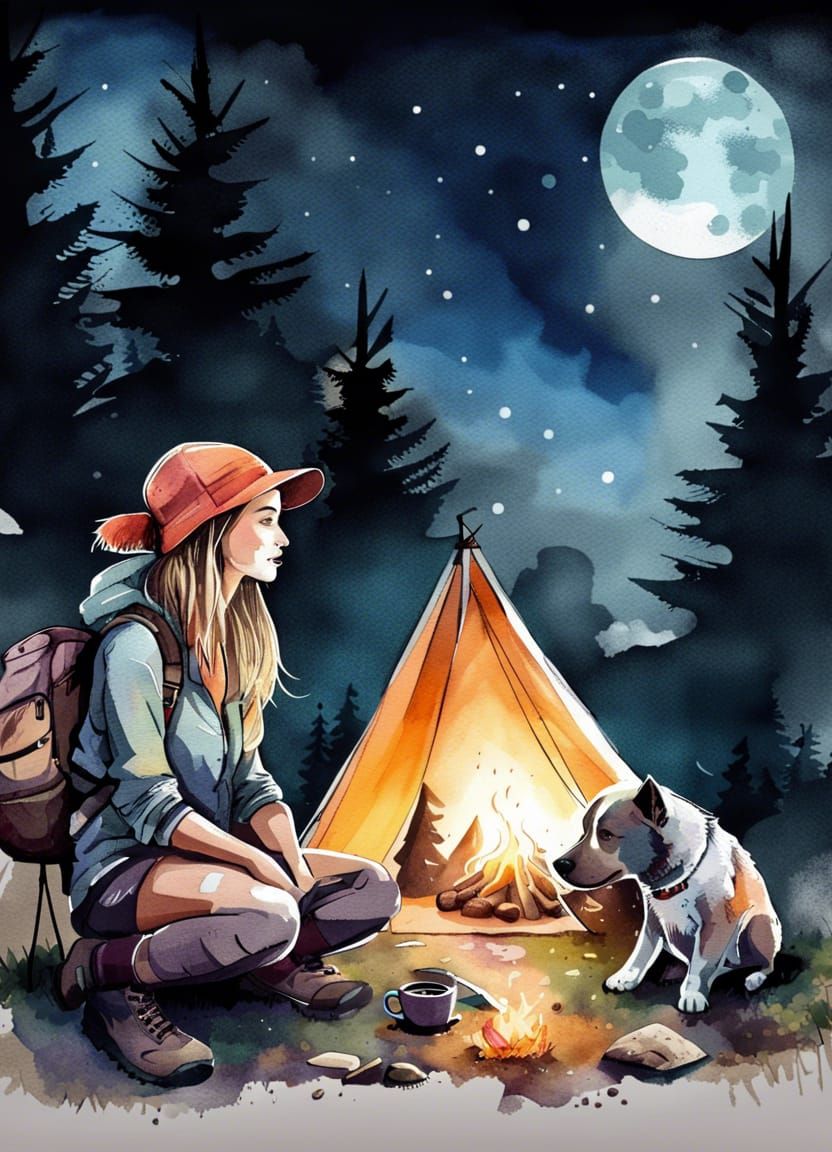 Mountaineering Girl and Dog Camping: Watercolor Art