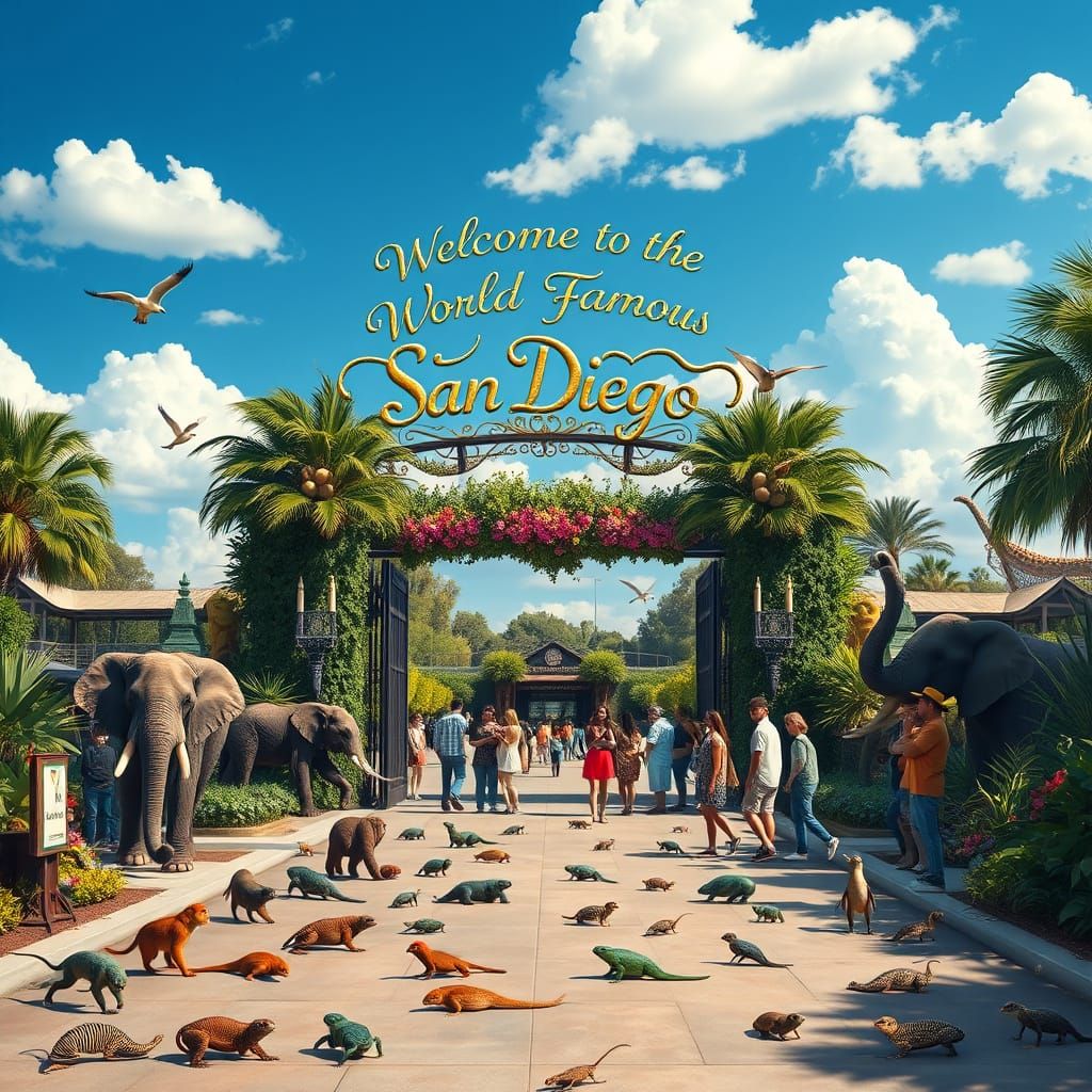Hyperrealistic San Diego Zoo Entrance Scene with Animals and...