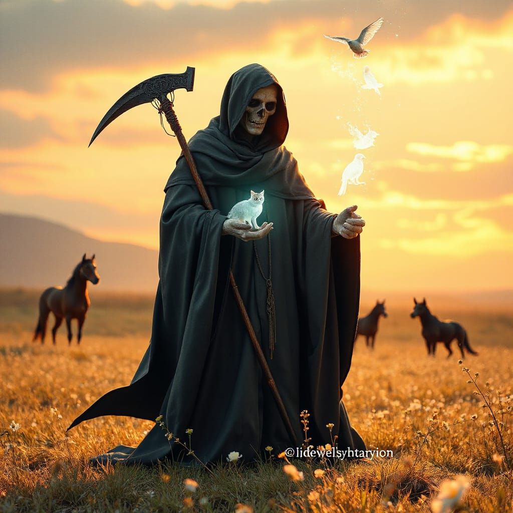Gentle Grim Reaper with Animal Spirits in Golden Meadow