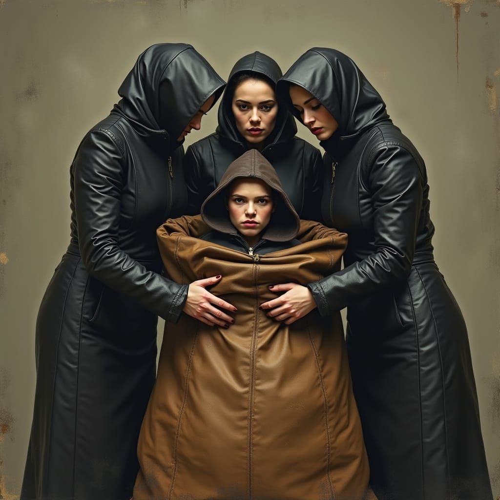 Women Packing Man in Sack, Cinematic Art Style