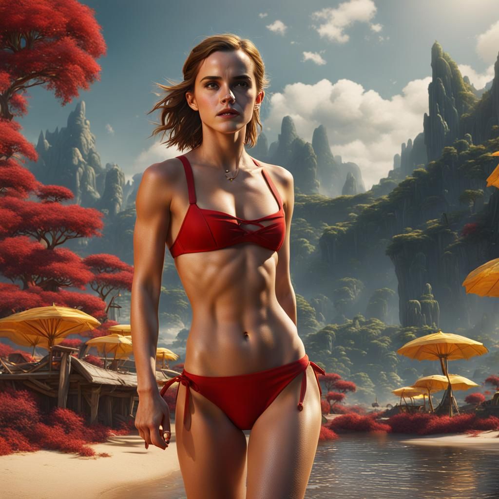 Emma Watson in Red Bikini, Detailed Matte Painting