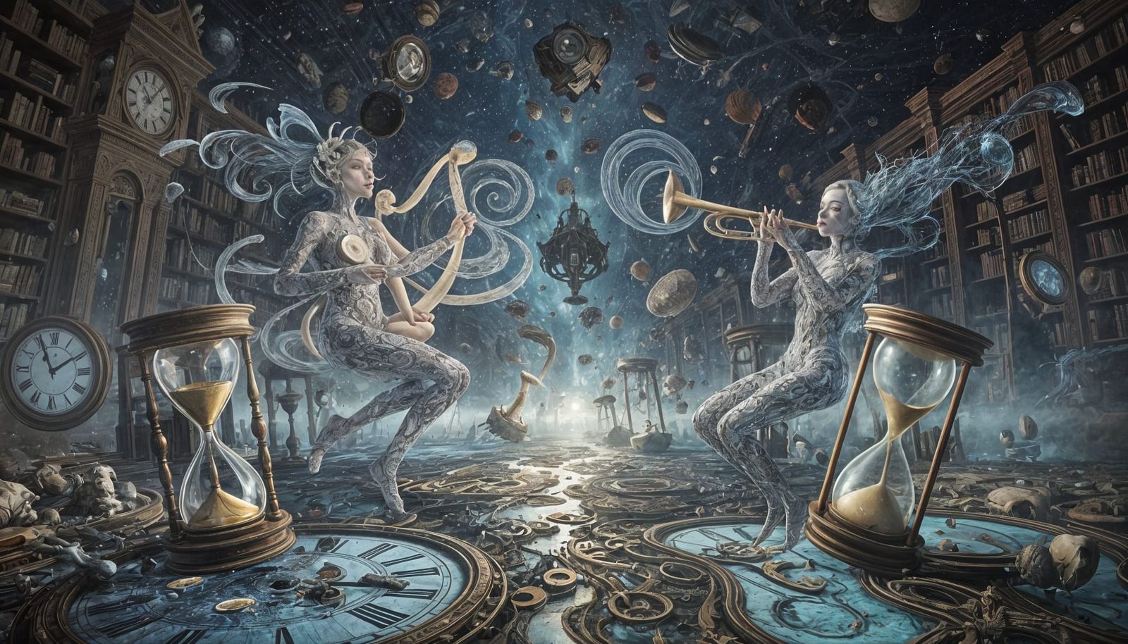 Ethereal Musicians Play Time Instruments in Surreal Illusion