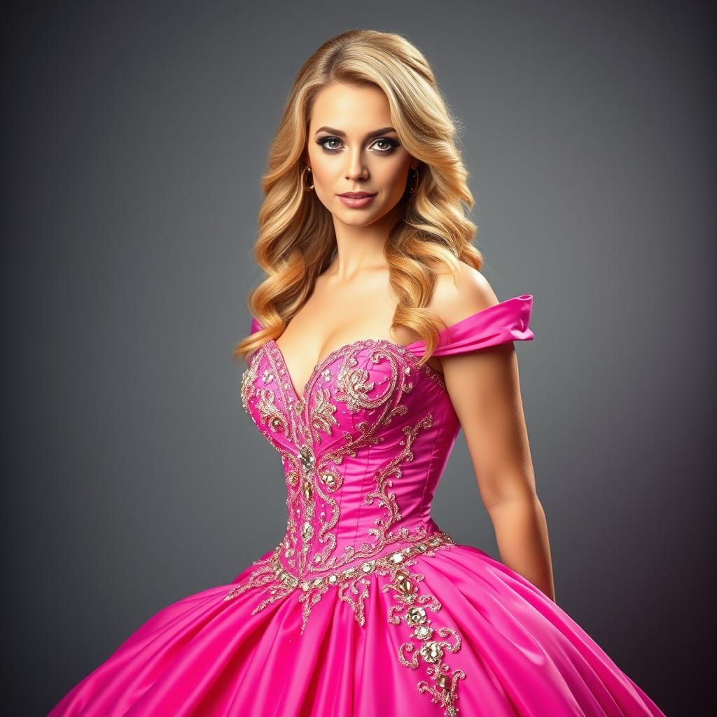 Regal Blonde Goddess in Lavish Pink Gown