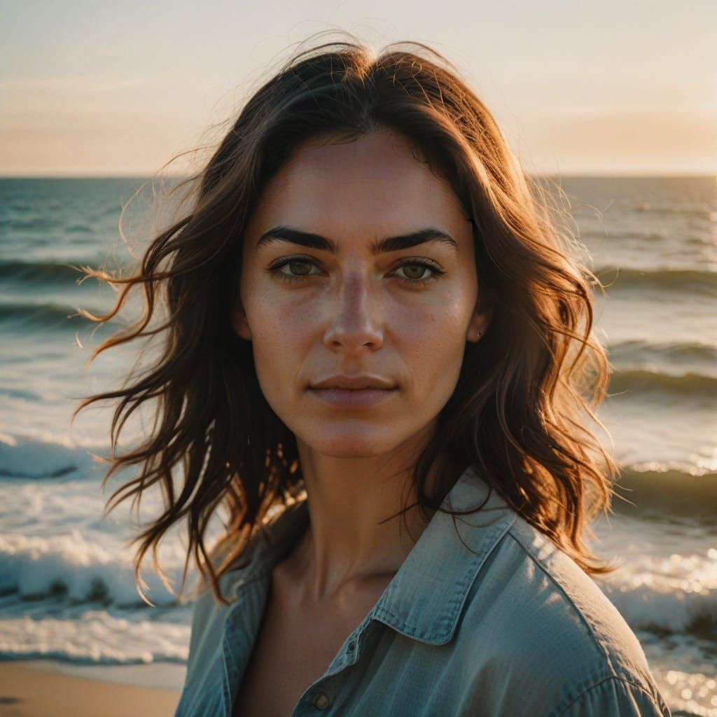 Serene Oceanfront Portrait in Warm Golden Light
